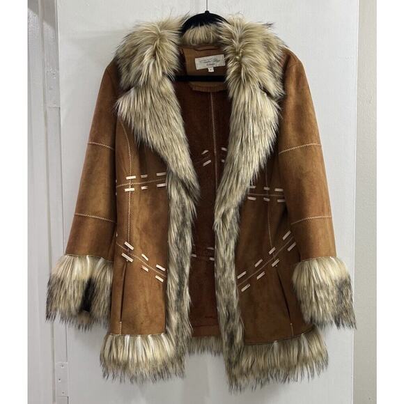 Taska Polizzi Jackets & Blazers - Taska Polizzi Penny Lane Brown Faux Suede Jacket Coat Faux Fur Trim Size Large
